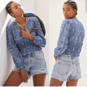 NEW Anthropologie Embroidered Smocked Blue Cross stitch Print Blouse Boho Top